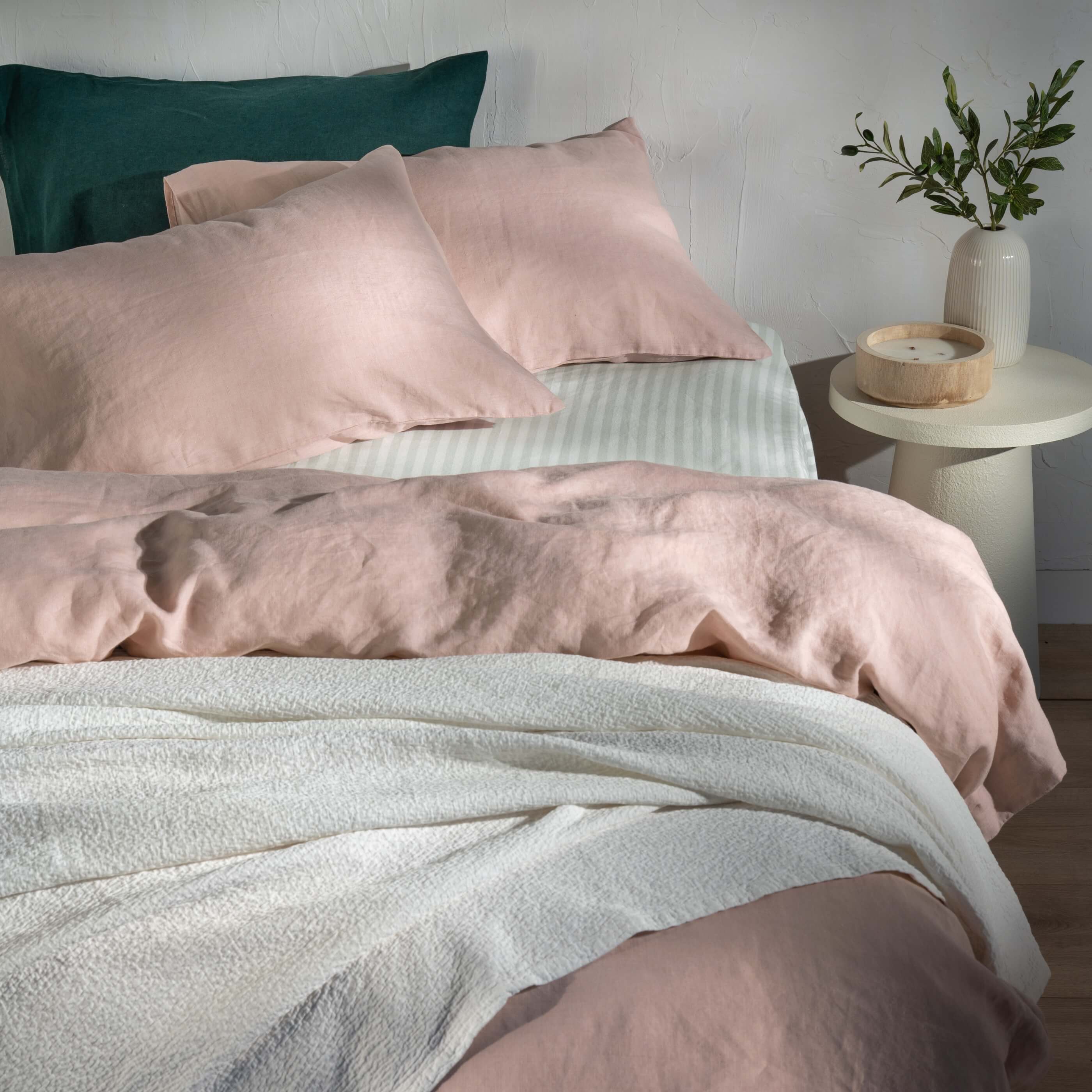 Dusty Pink French Linen Duvet Cover - breathable, styled in a bedroom | Soak and Sleep