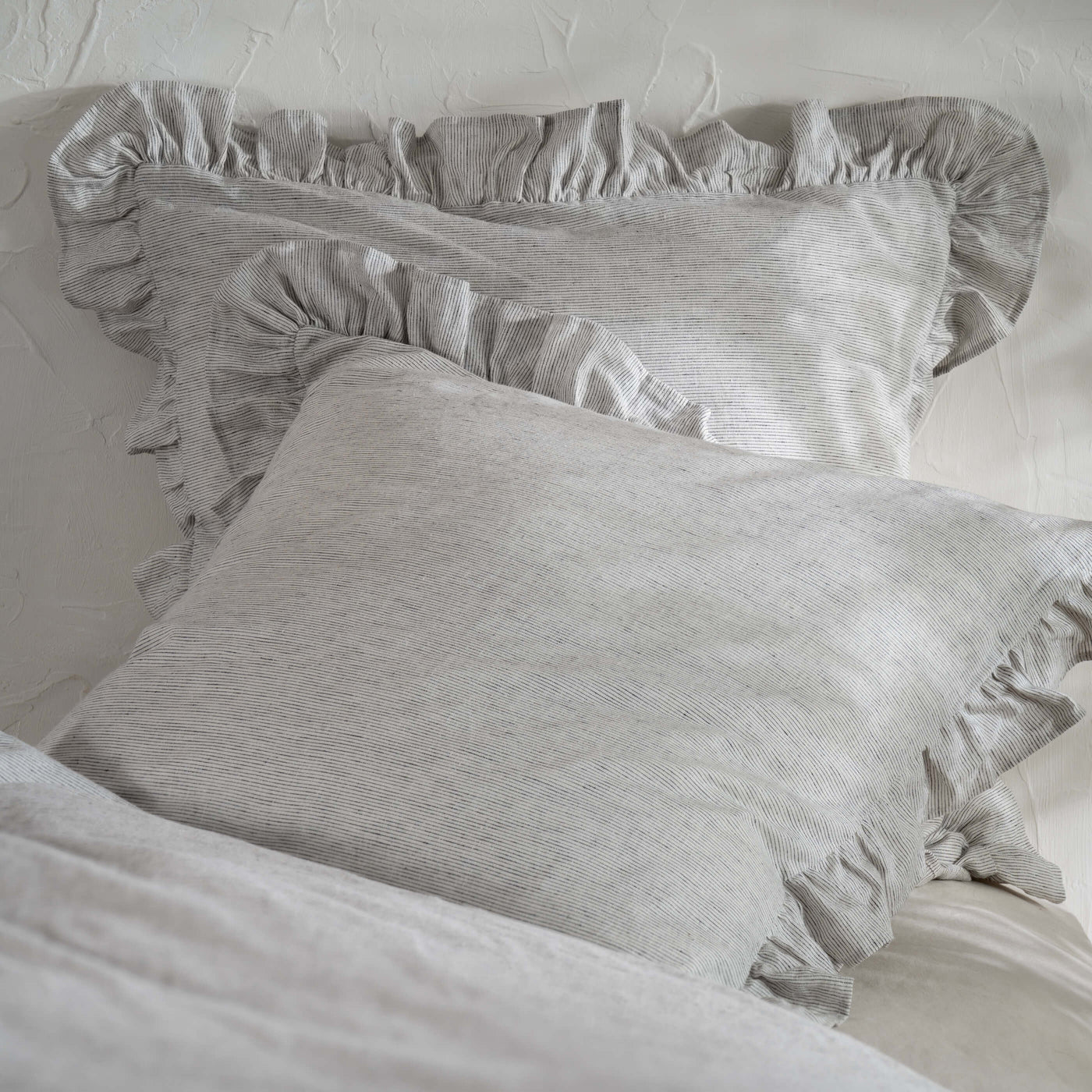 White & Grey Ruffled Linen Cotton Blend Pillowcases