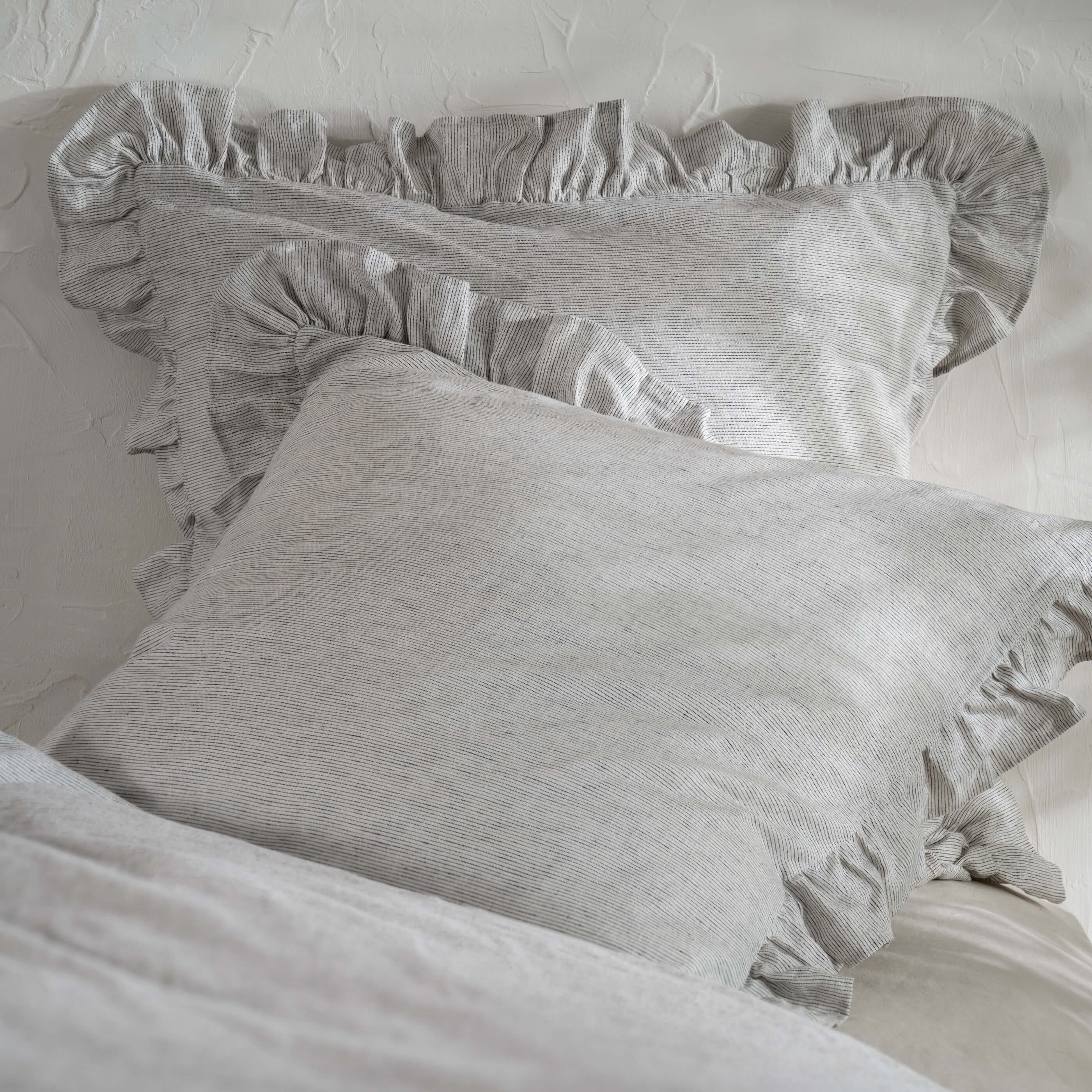 White & Grey Ruffled Linen Cotton Blend Bedding