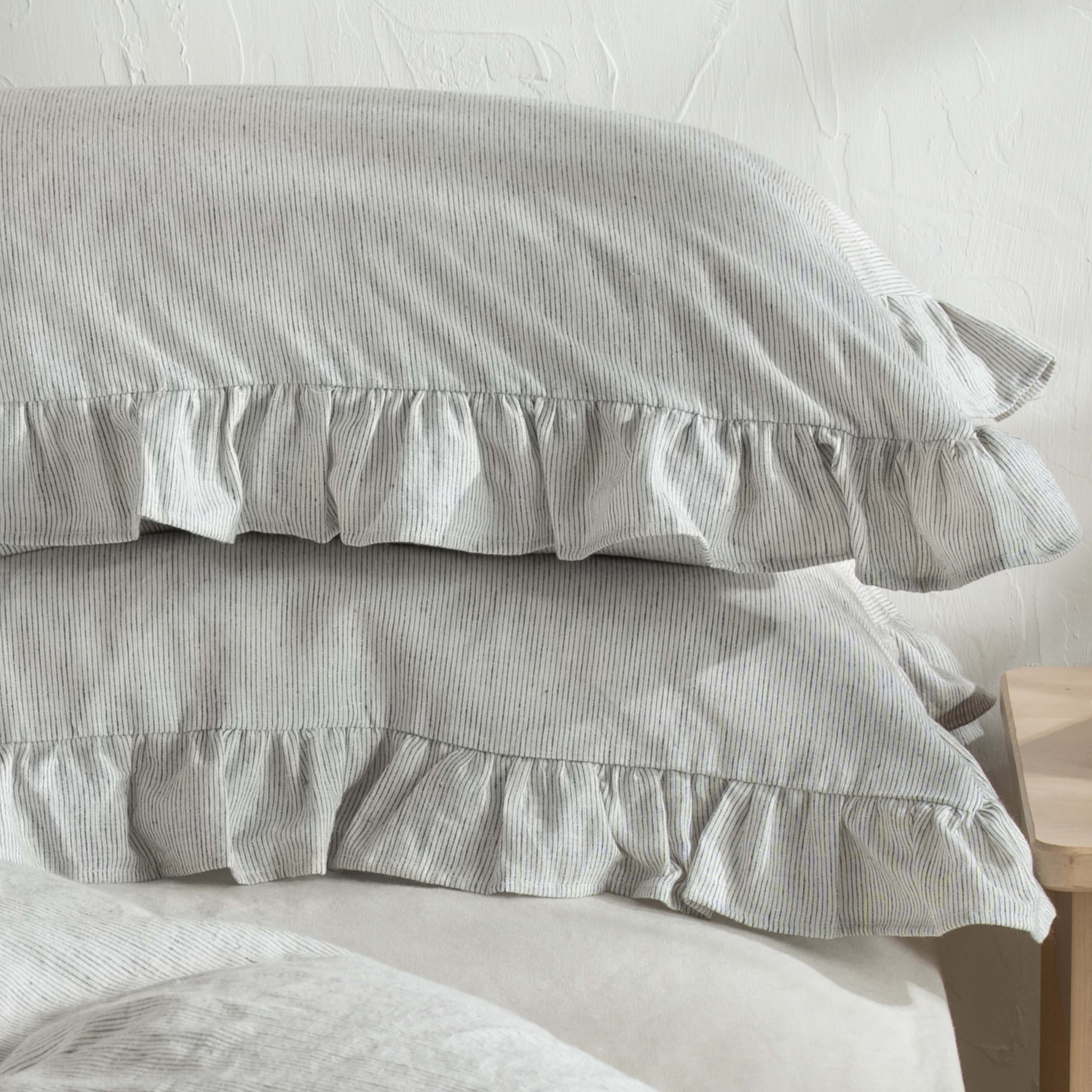 White & Grey Ruffled Linen Cotton Blend Bedding