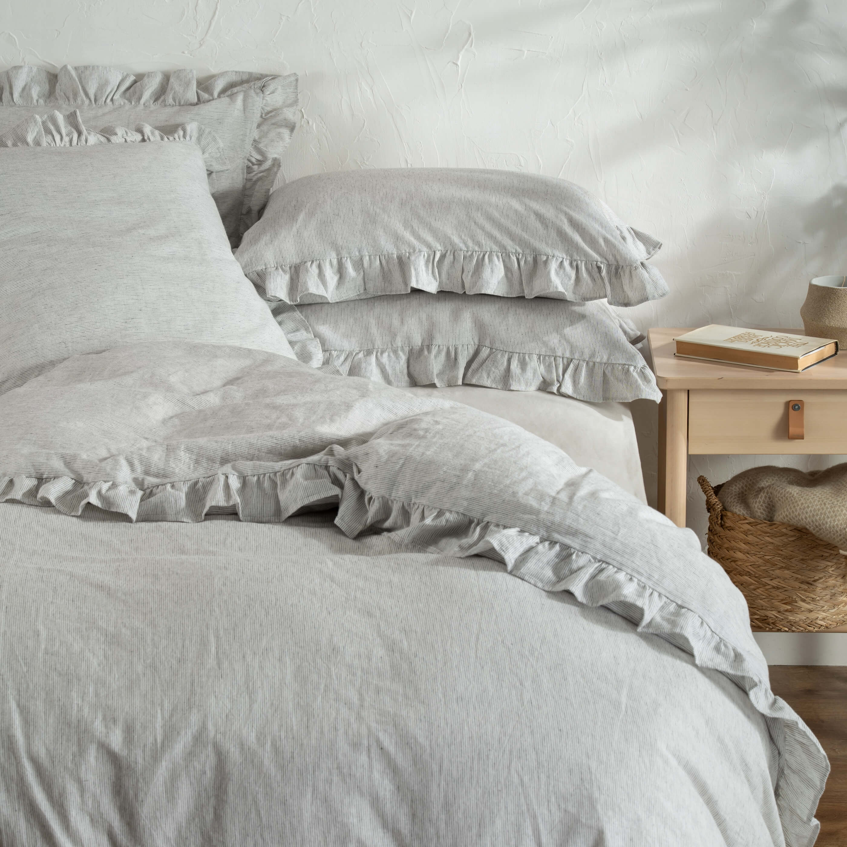 White & Grey Ruffled Linen Cotton Blend Bedding