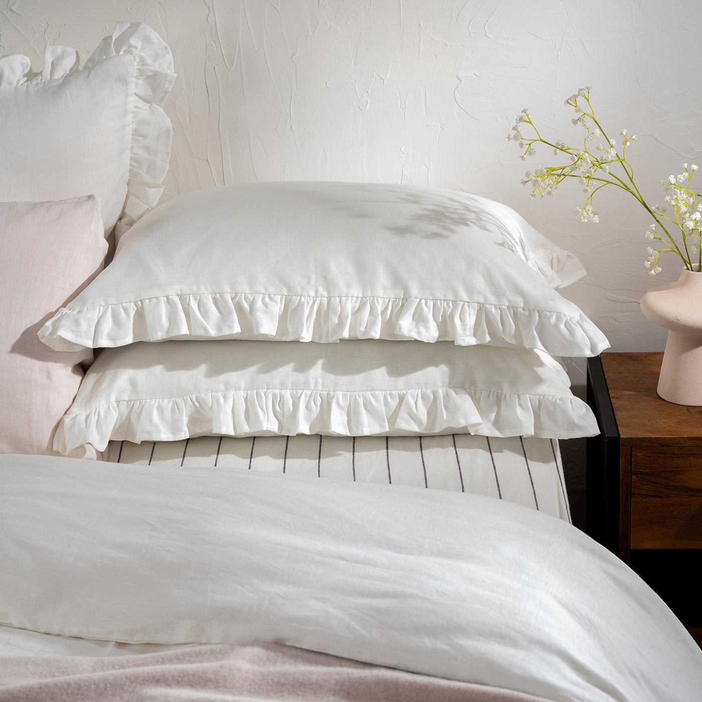 White Ruffled French Linen Bedding And Bed Sheets