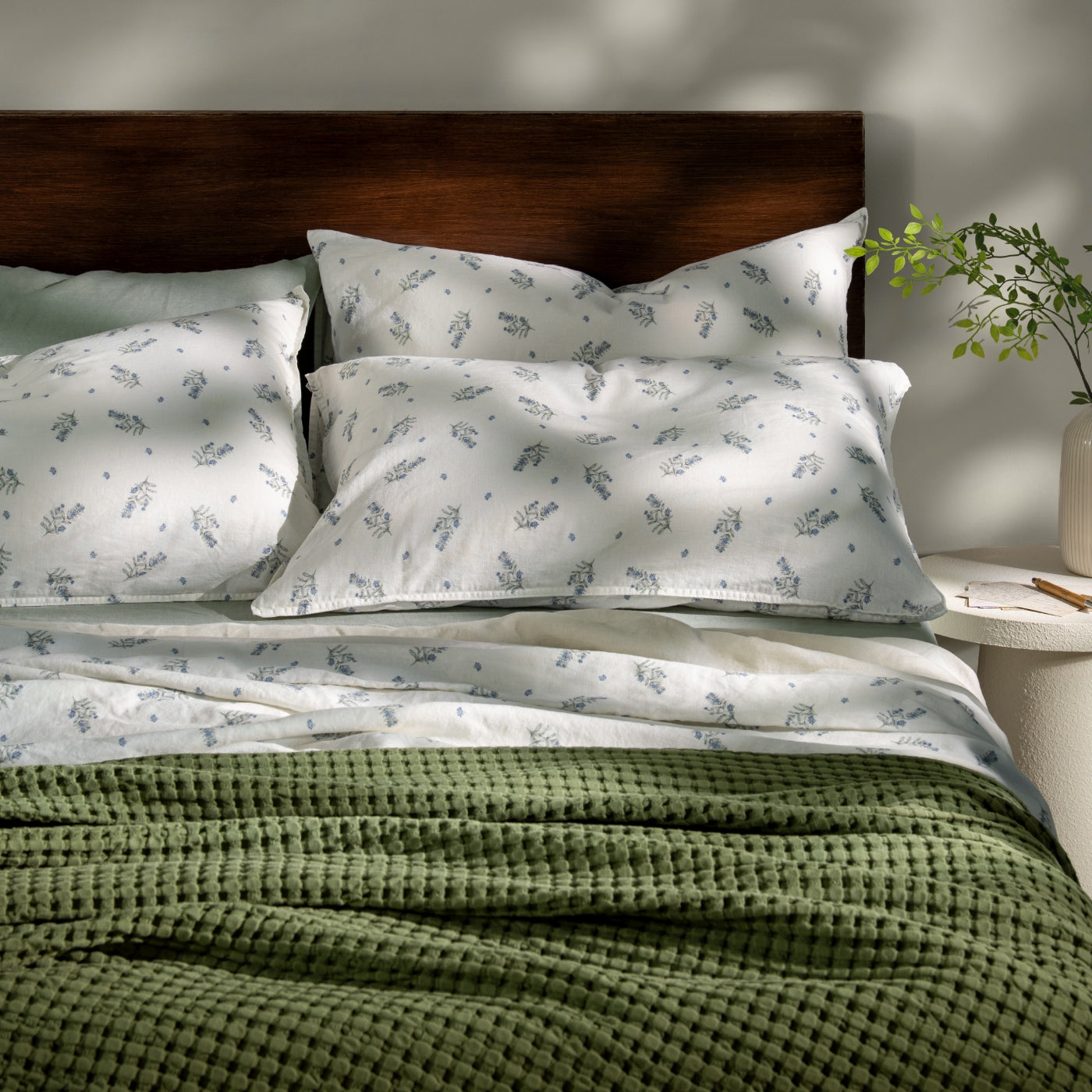 White/Green Wild Flower Linen/Cotton Duvet Cover