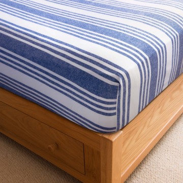 Blue/White Wide Stripe Linen & Cotton Blend Double 30cm Fitted Sheet