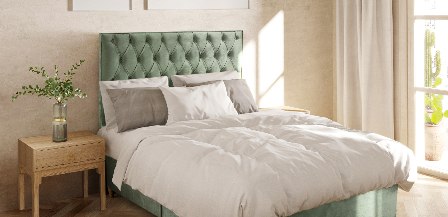 Green Divan bed and headboard, styles with calming bedlinen