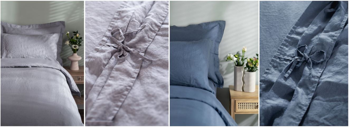 Lavender & Denim Blue French Linen by Soak&Sleep. 4 images showing the pillowcase styling & the duvet cover tie closures. Styled with modern vases & flowers and a natural dappled light. 