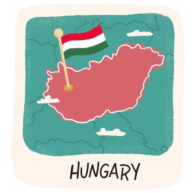 Illustration of map of Hungary with Hungarian flag