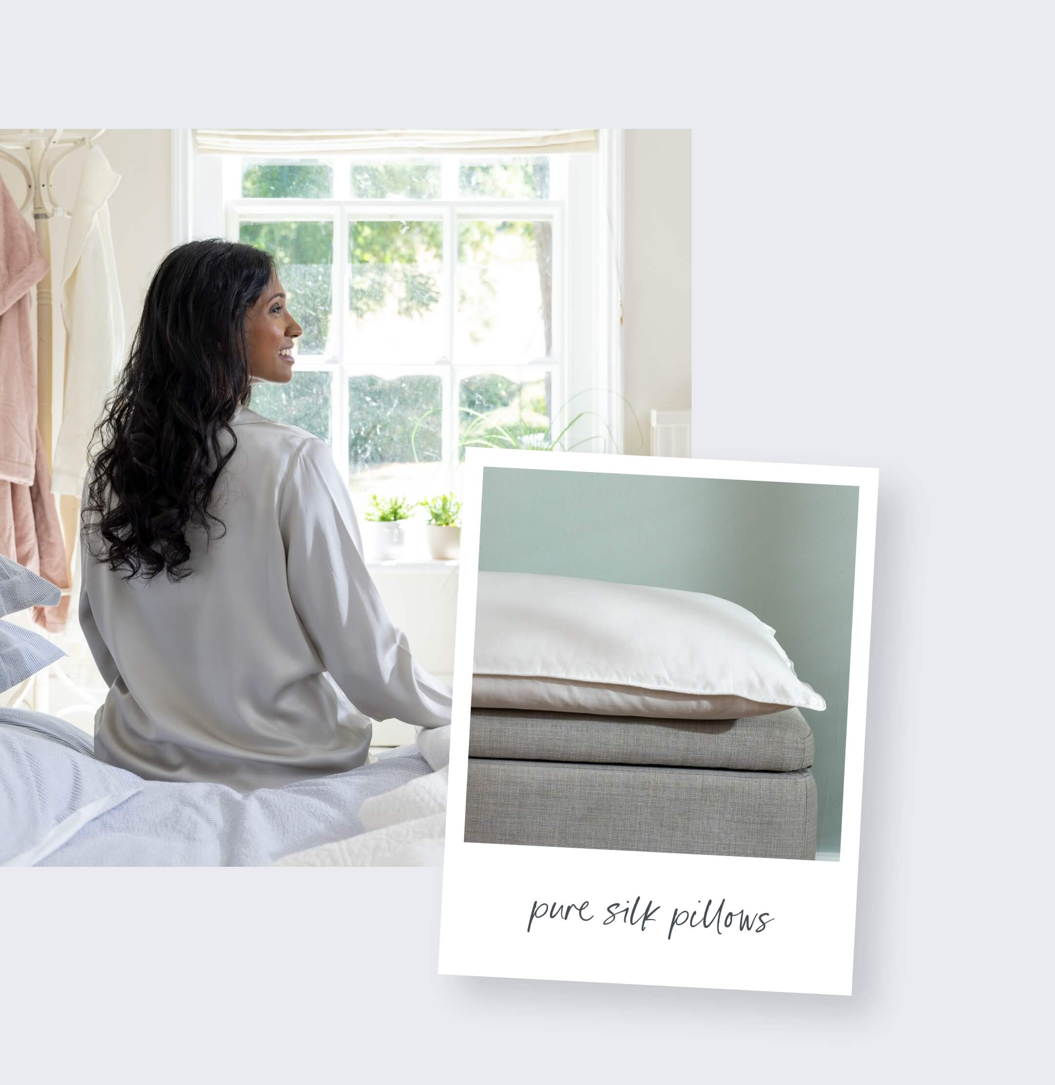 Woman sitting on bed and polaroid of silk pillows