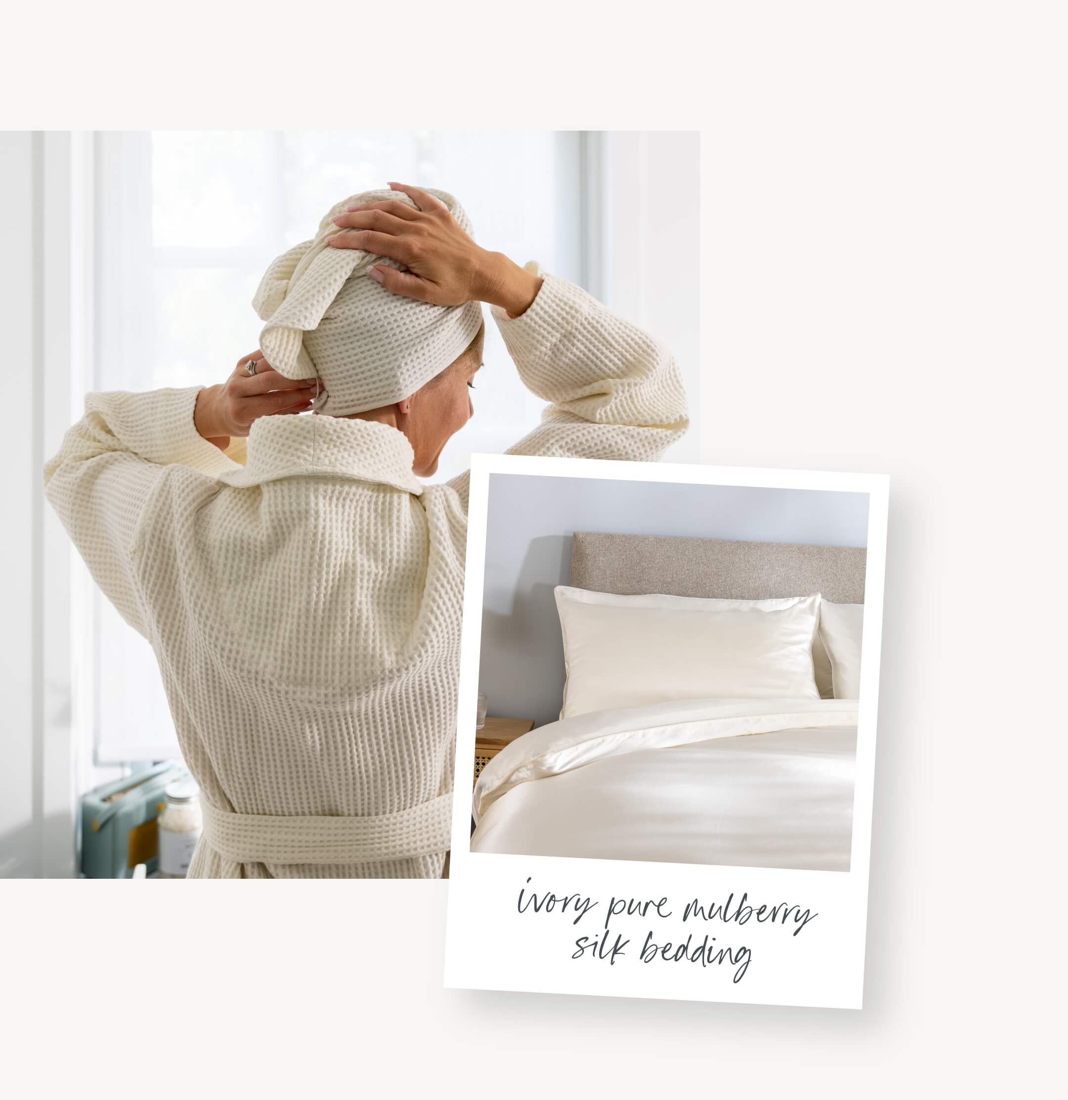Woman sitting on bed and polaroid of silk pillows