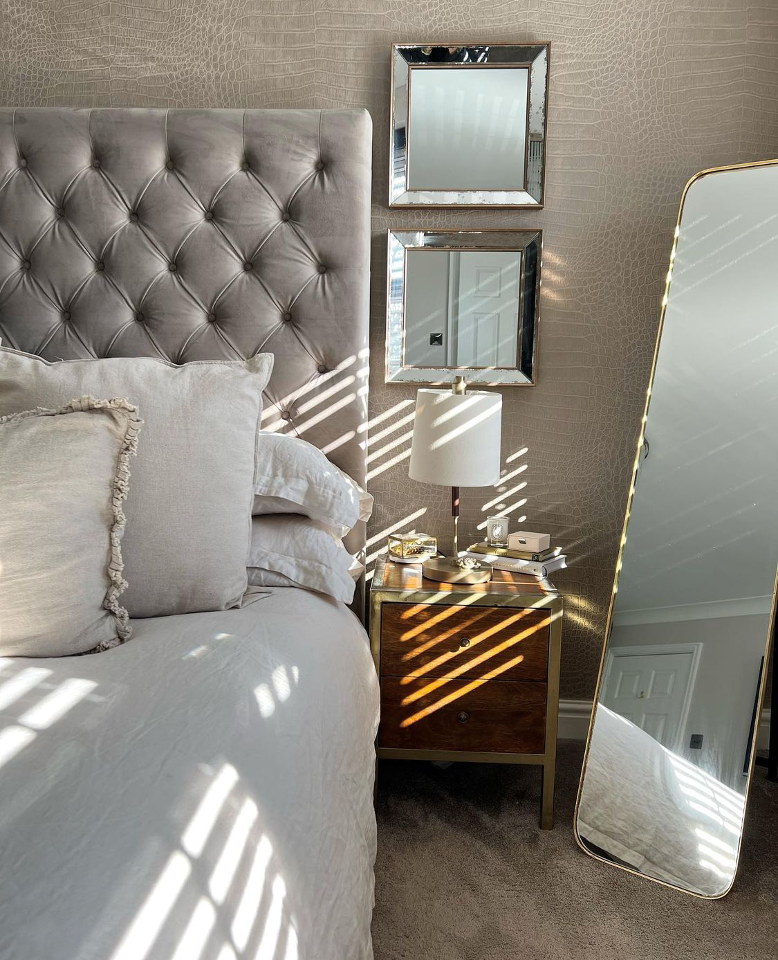 Neutral toned bedroom with Soak&Sleep French Linen - sunlight peeking through the blinds