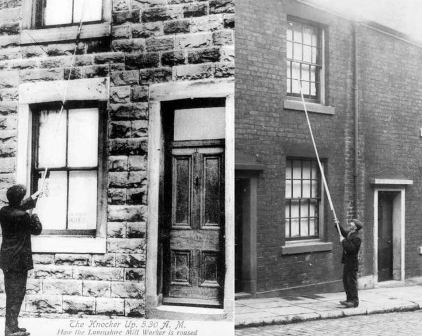 'Knocker up' alarm clock - two men shown to be using a long stick to tap a window until you wake up