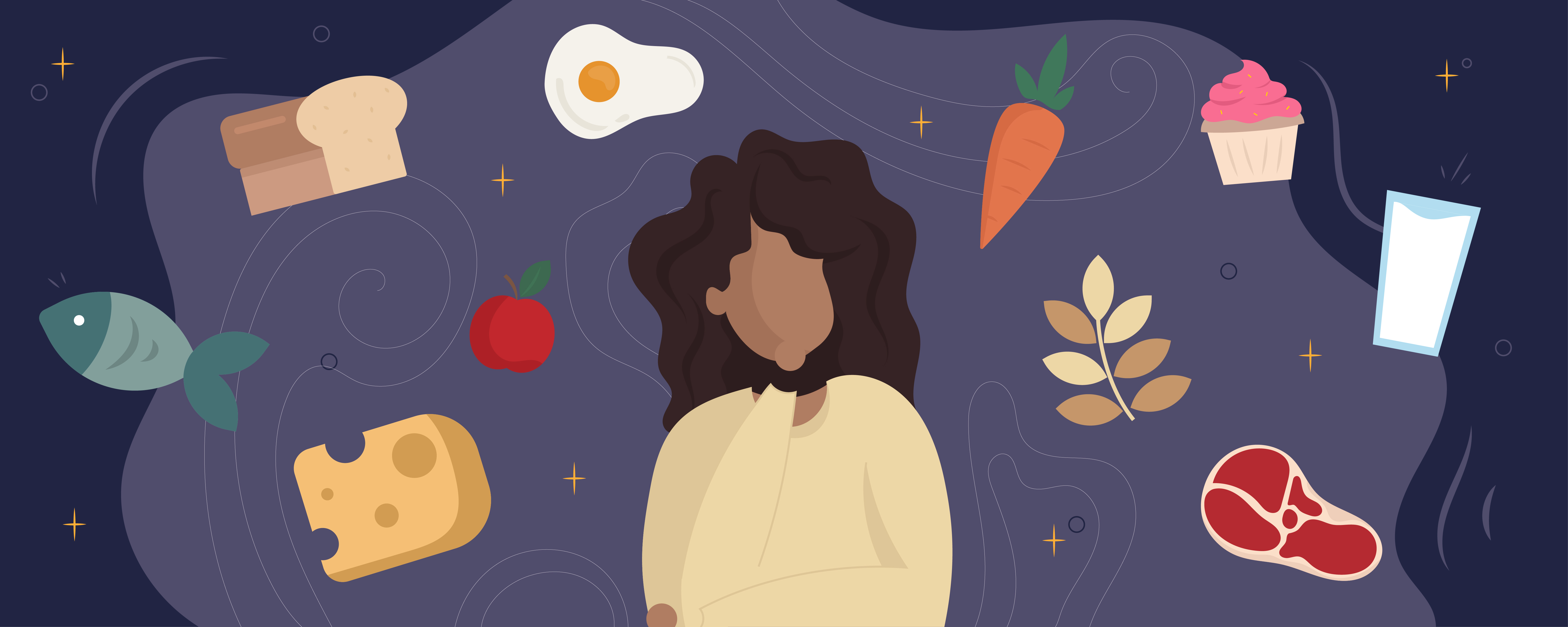 Illustration of woman surrounded by mini healthy snacks