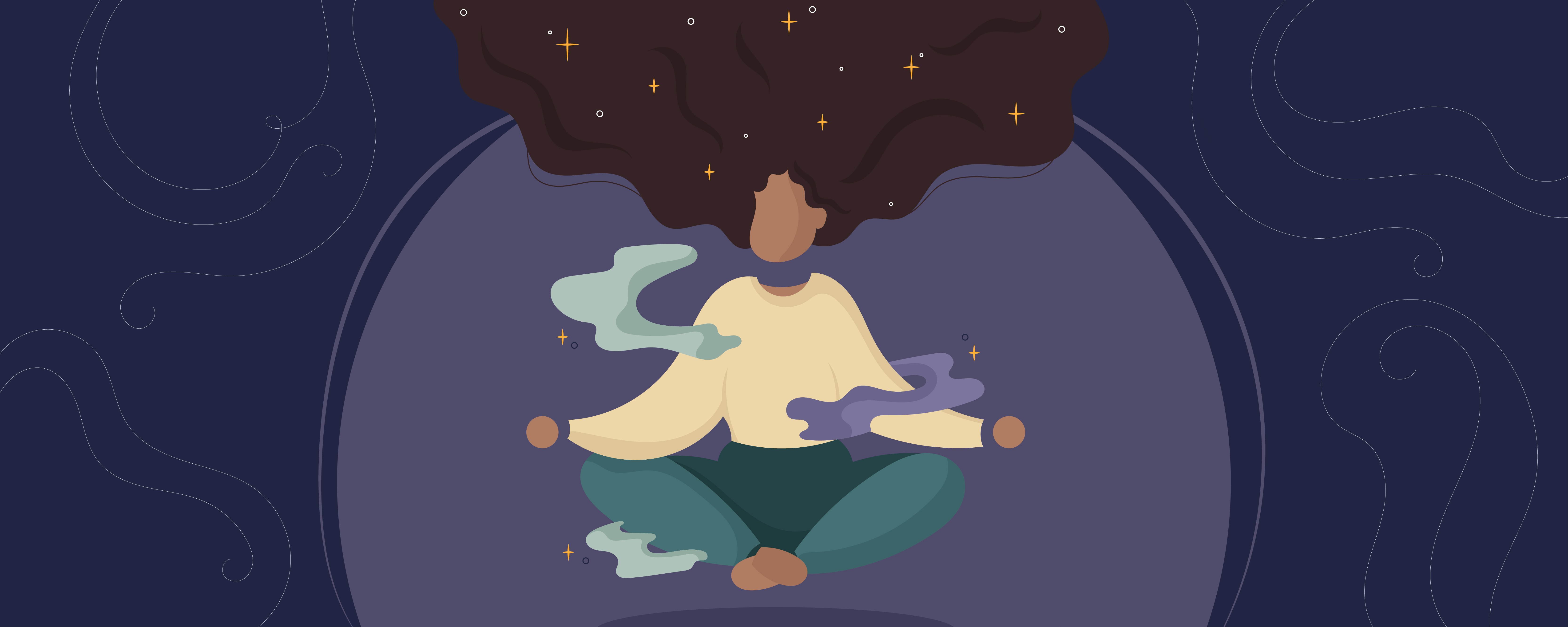 Illustration of woman meditating, floating in air