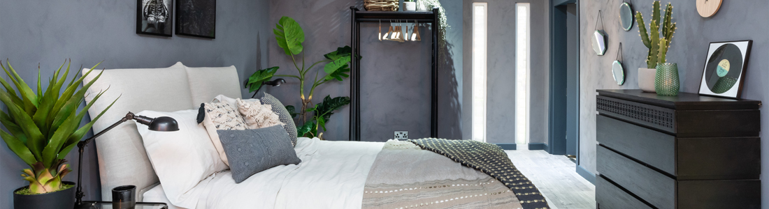 Owl-design - Dark grey interior designed bedroom with fresh, crisp white bedlinen 