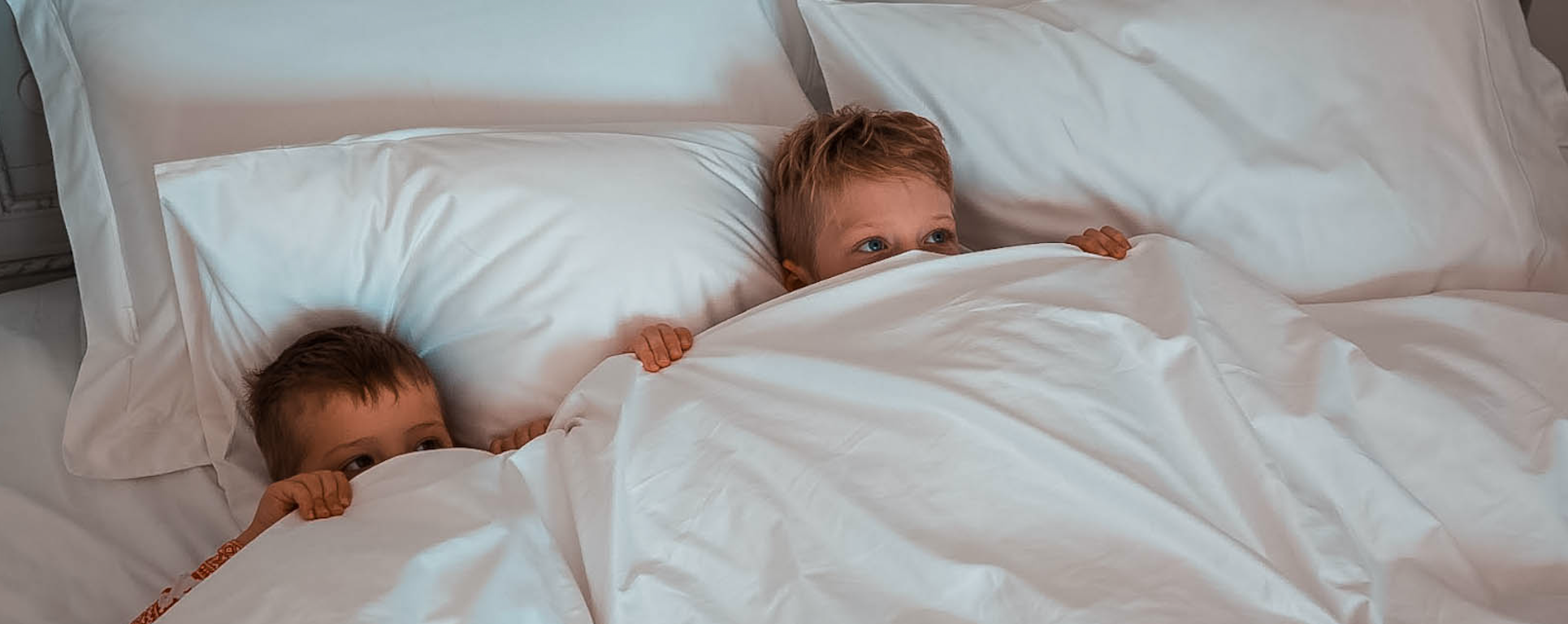 Two children hiding in a duvet